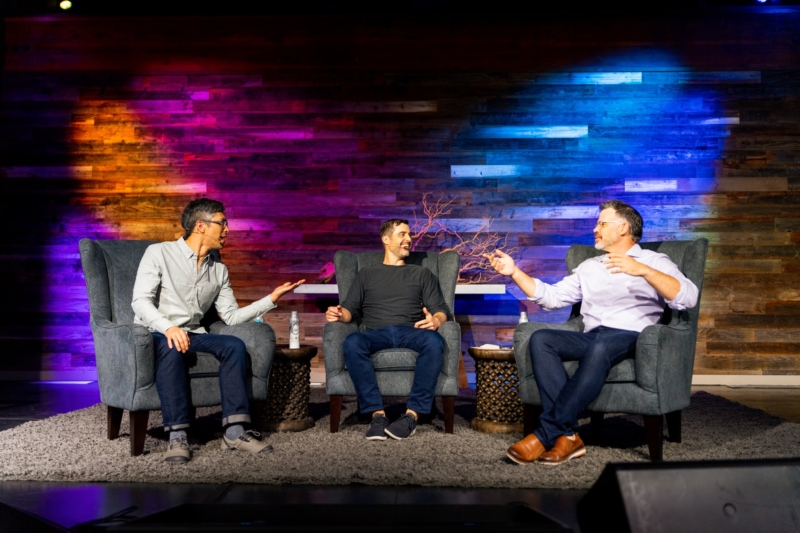 Niels Hoven, Alex Grodd, and Benjamin Riley on stage