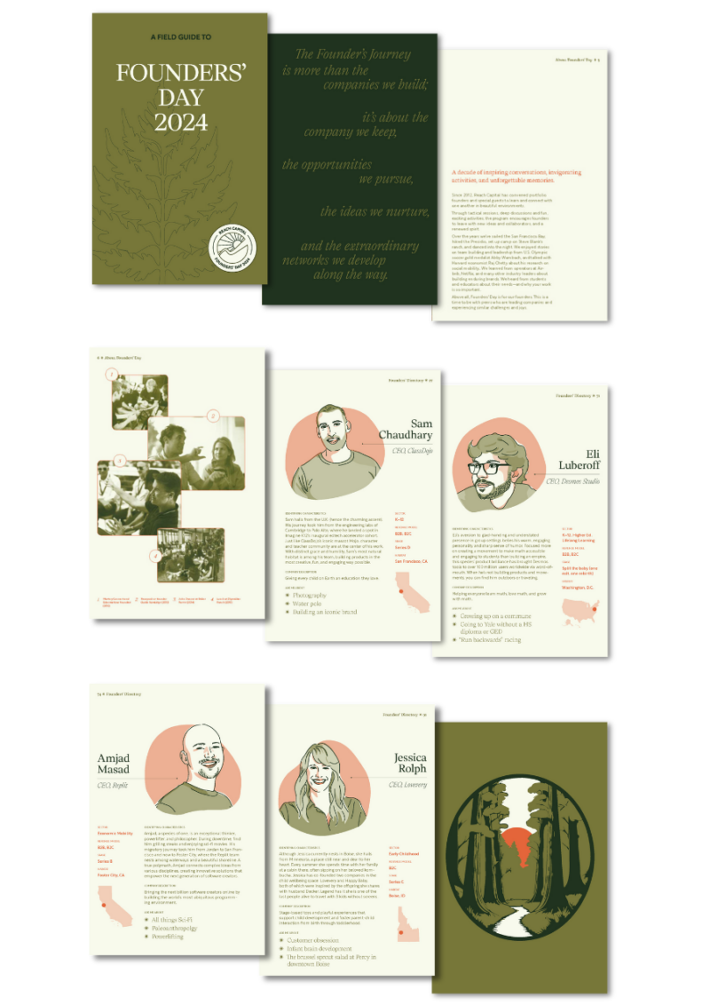 Collage of field guide, featuring front and back cover, the history of Founder' Day, and featured portfolio speakers.